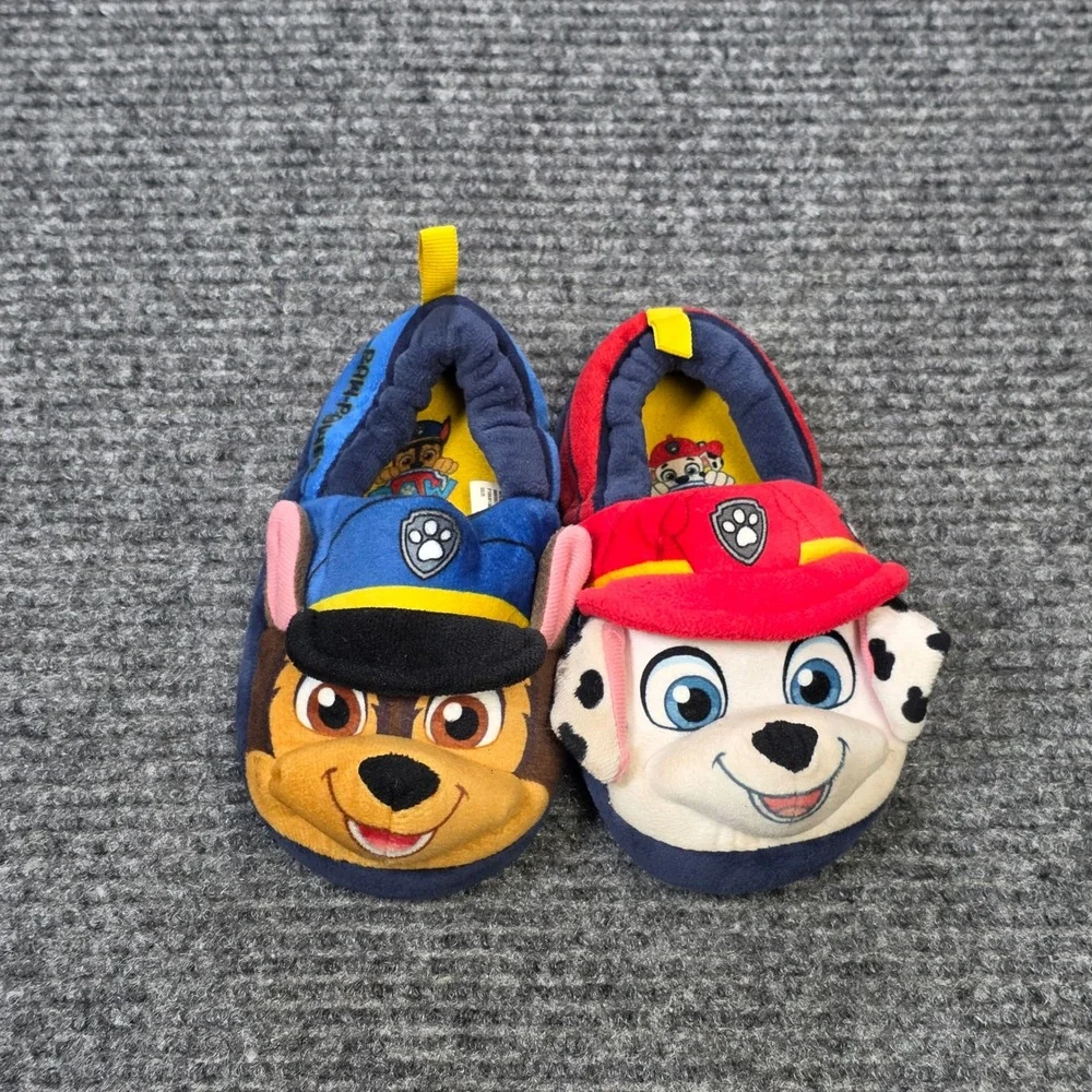 Paw Patrol Chase & Marshall Plush Slippers Boy's Size M 7/8 Blue Red  Slip On